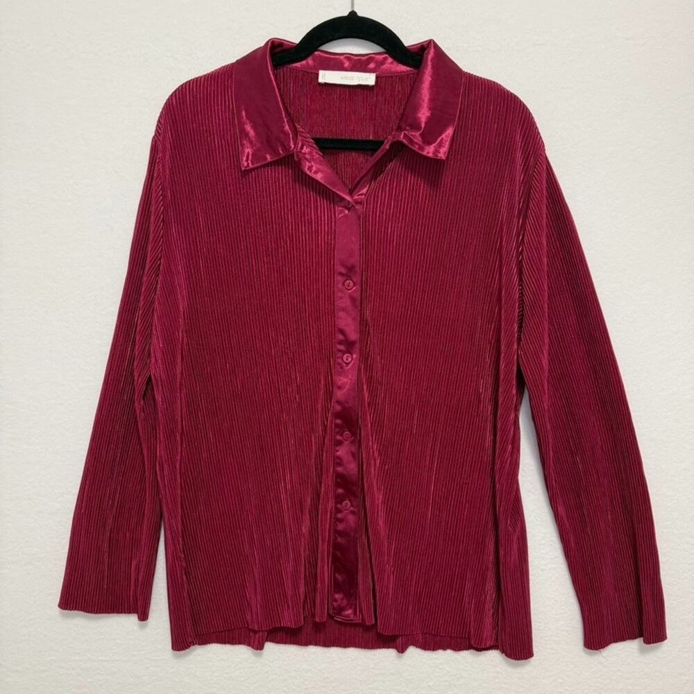 MANGO MNG Pink Magenta Faux Satin Ribbed Blouse Button Front Size 10, XL